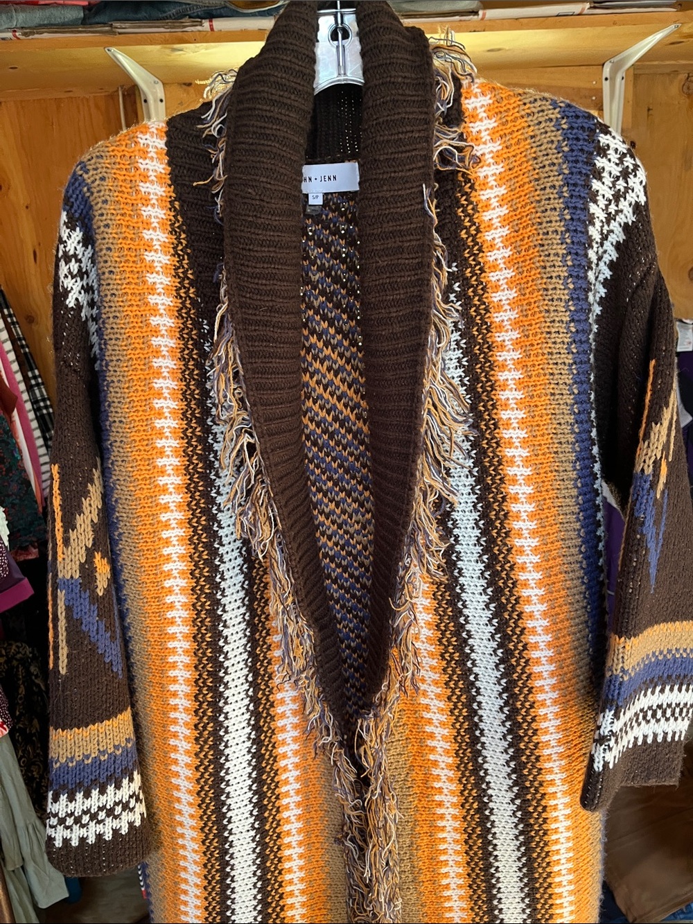 John + Jenn Brown & Orange Striped Shawl Collar Cardigan Sweater